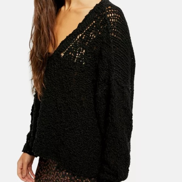 Free People Sunday Shores Black Cotton Open Weave Sweater - Picture 2 of 8